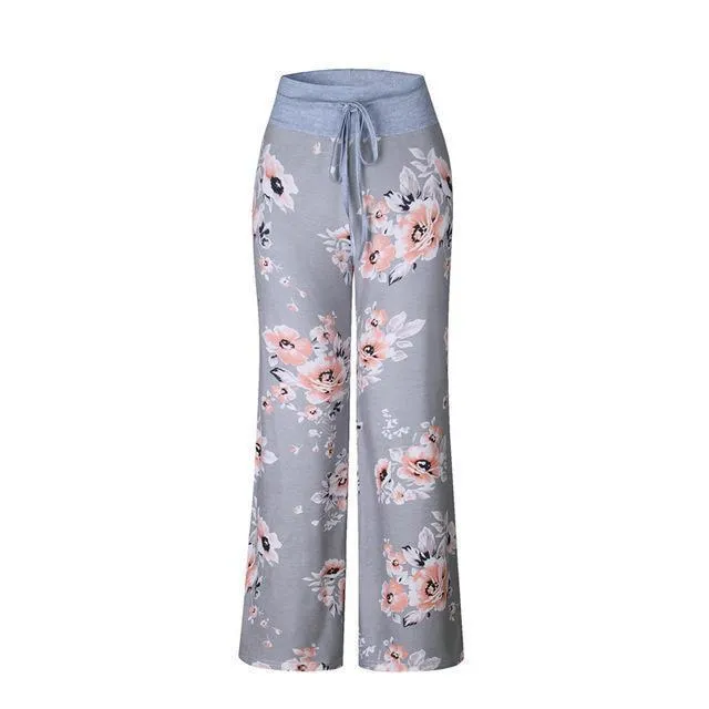 Loose Print Pink Flower Floral Harem Pants Capri Bottoms Sweatpants High Waist Female Pants Women Summer Wide Leg Trousers (US 2-14)