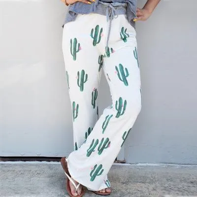 Loose Print Pink Flower Floral Harem Pants Capri Bottoms Sweatpants High Waist Female Pants Women Summer Wide Leg Trousers (US 2-14)