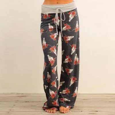 Loose Print Pink Flower Floral Harem Pants Capri Bottoms Sweatpants High Waist Female Pants Women Summer Wide Leg Trousers (US 2-14)