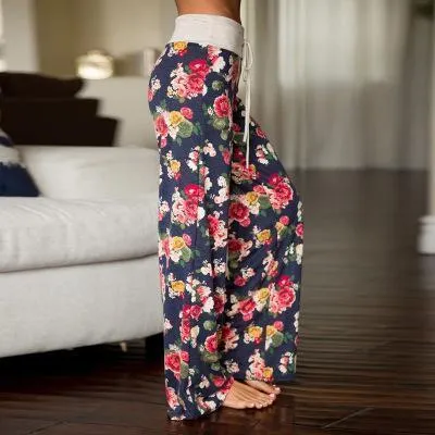Loose Print Pink Flower Floral Harem Pants Capri Bottoms Sweatpants High Waist Female Pants Women Summer Wide Leg Trousers (US 2-14)