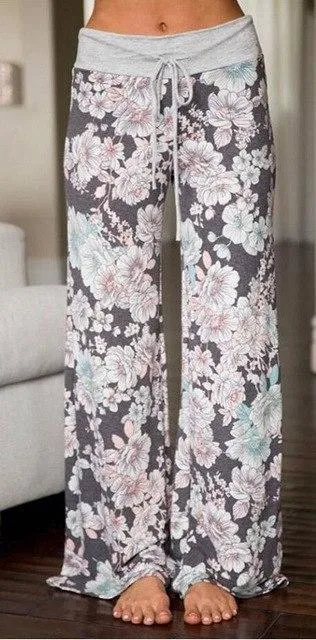 Loose Print Pink Flower Floral Harem Pants Capri Bottoms Sweatpants High Waist Female Pants Women Summer Wide Leg Trousers (US 2-14)