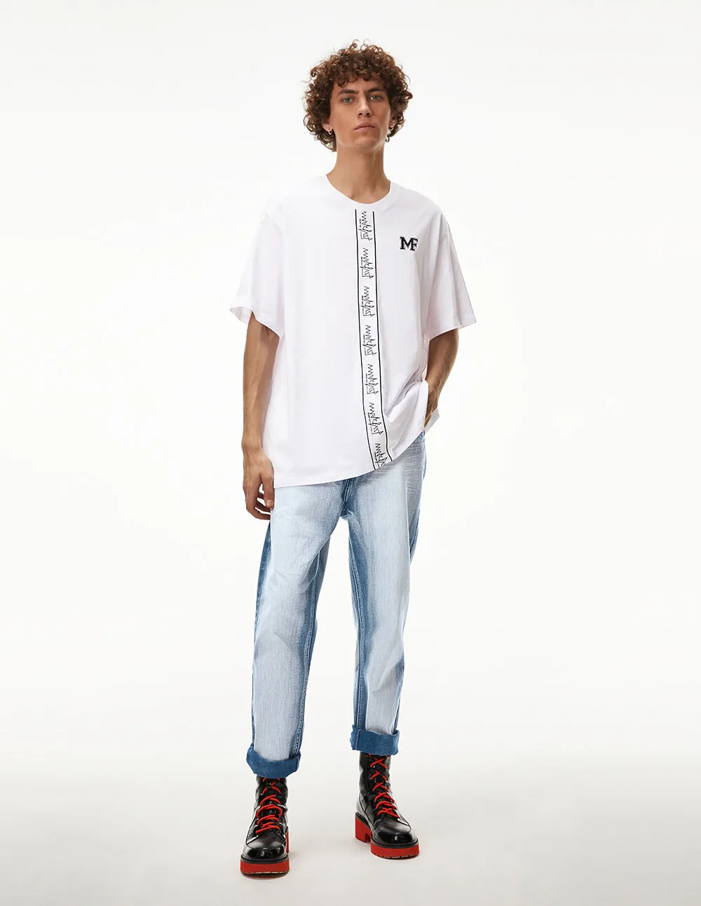 MARK FAST MEN OVERSIZE T-SHIRT WITH MF LOGO STRAIGHT STRIP EMBROIDERY