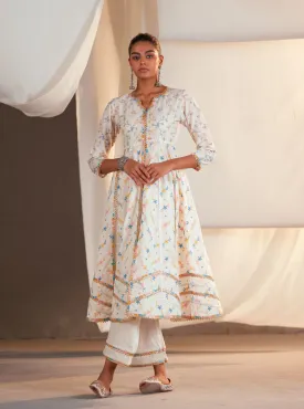 Mulmul Cotton Ayla Anarkali Off White Kurta With Ayla Off White Pant
