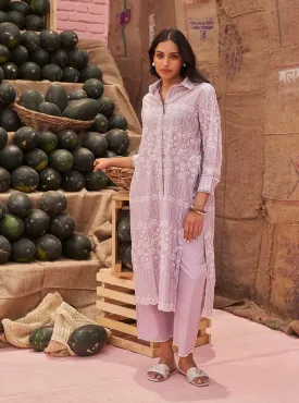 Mulmul Cotton Heli Lilac Long Kurta With Mulmul Cotton Heli Lilac Pant