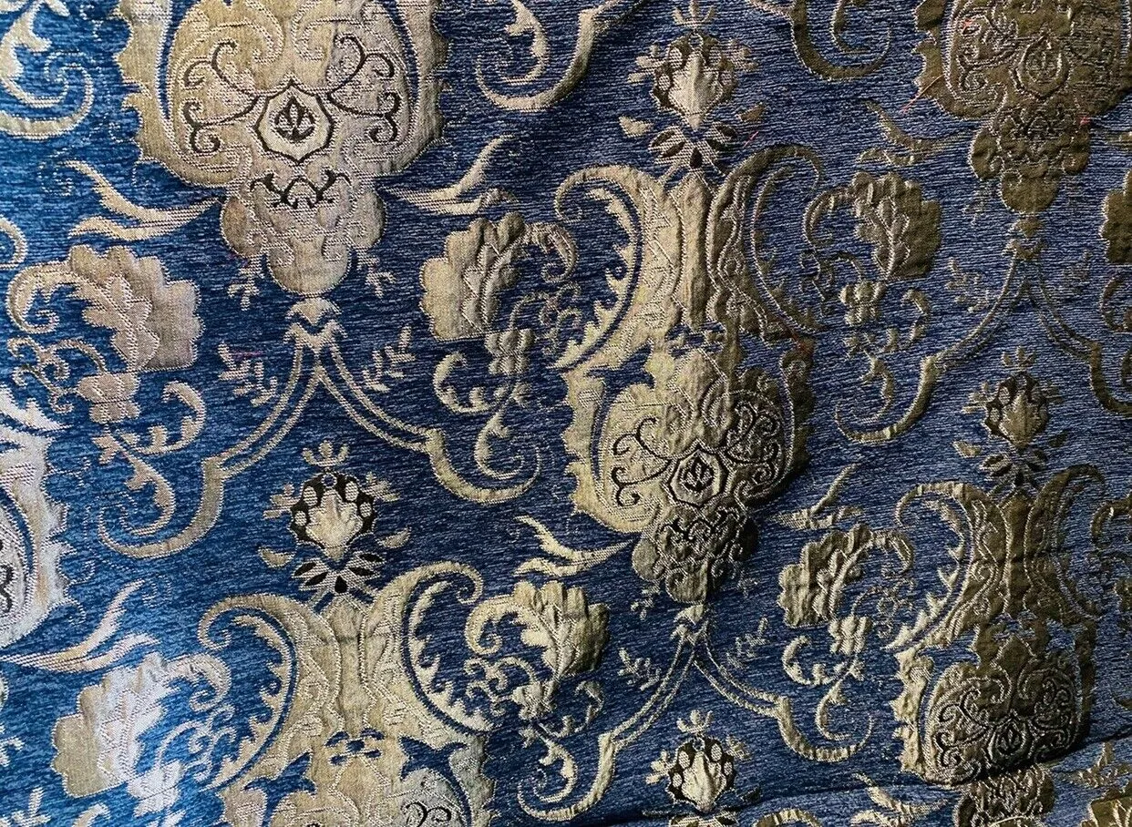 NEW Lady Emile Designer Medallion Burnout Chenille Velvet Fabric - Blue & Gold BTY