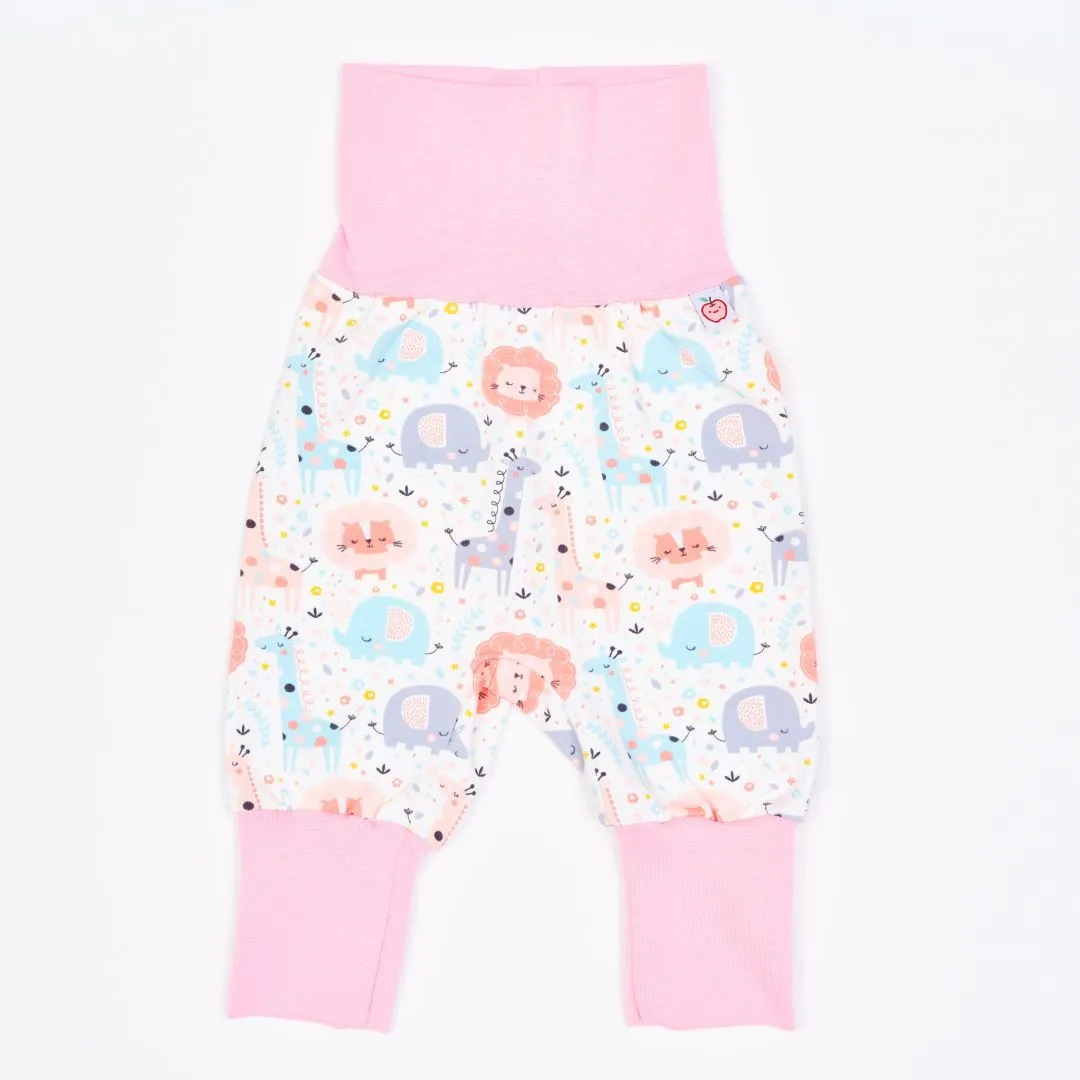 Organic rib pants "Mini Jungle Rose" made from 95% organic cotton and 5% elasthane