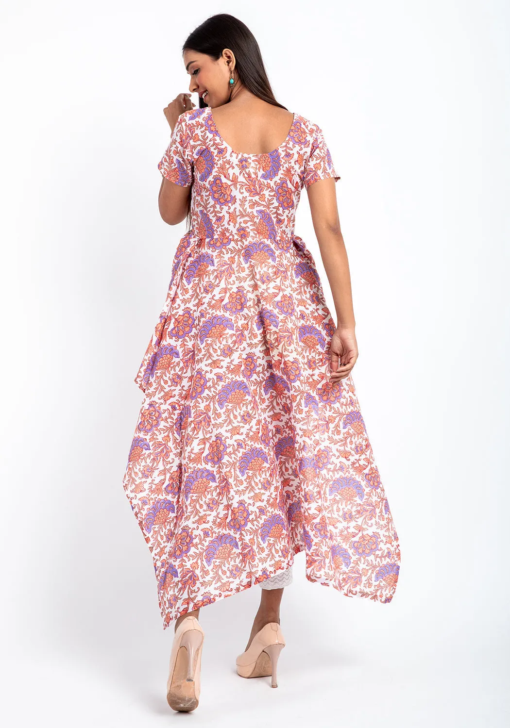 Pansy Floral Asymmetrical Hem Line Hand Block Print Cotton kurti