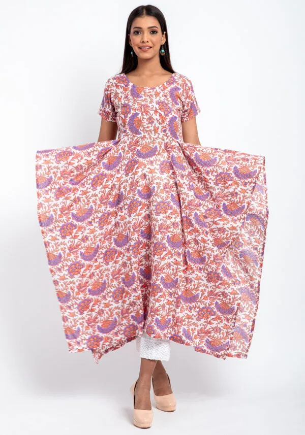 Pansy Floral Asymmetrical Hem Line Hand Block Print Cotton kurti