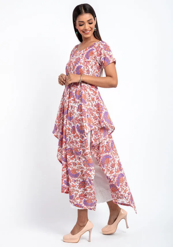 Pansy Floral Asymmetrical Hem Line Hand Block Print Cotton kurti