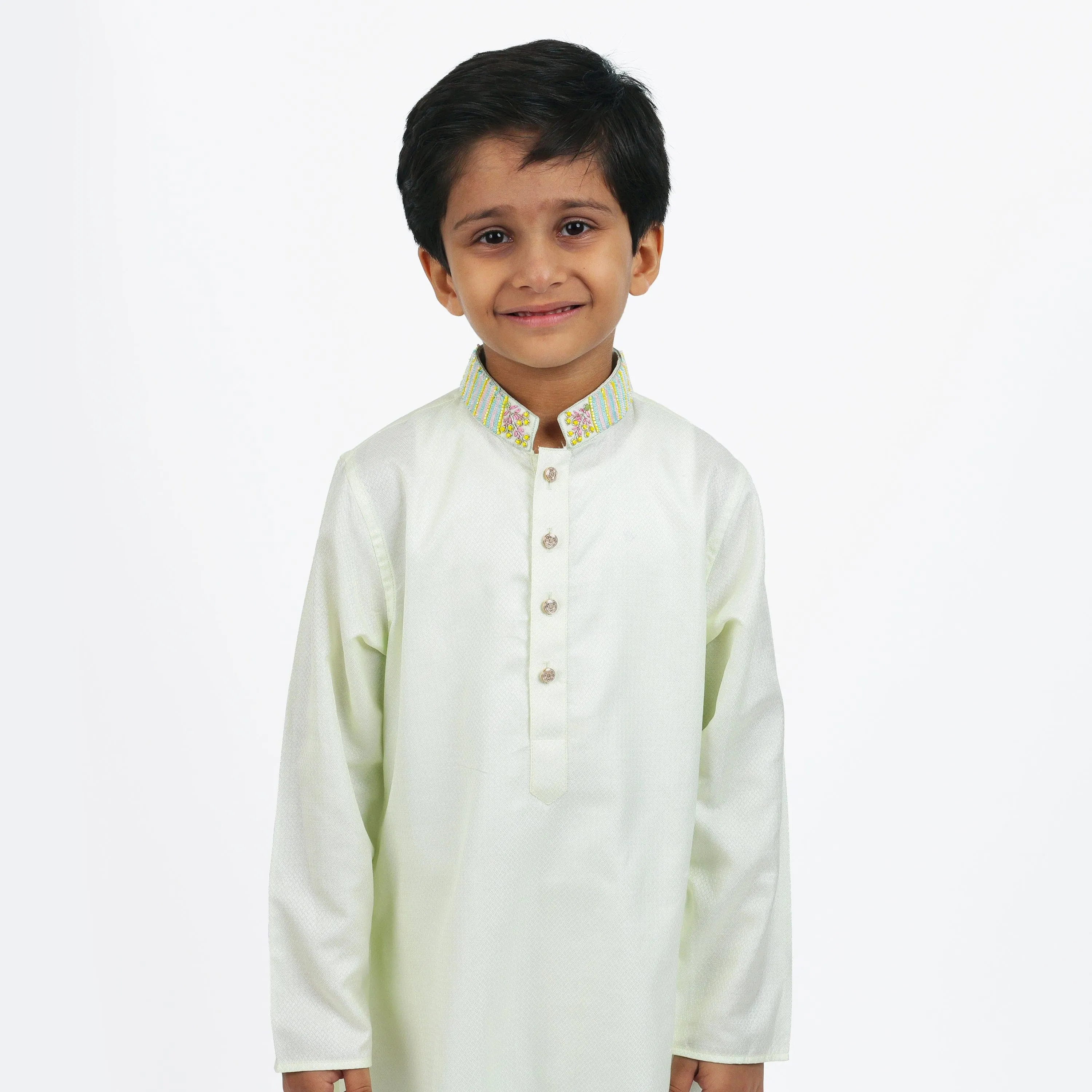 Pre-Order : LEMON YELLOW KURTA WITH COLLAR EMBROIDERY & WHITE PANTS  for Boys
