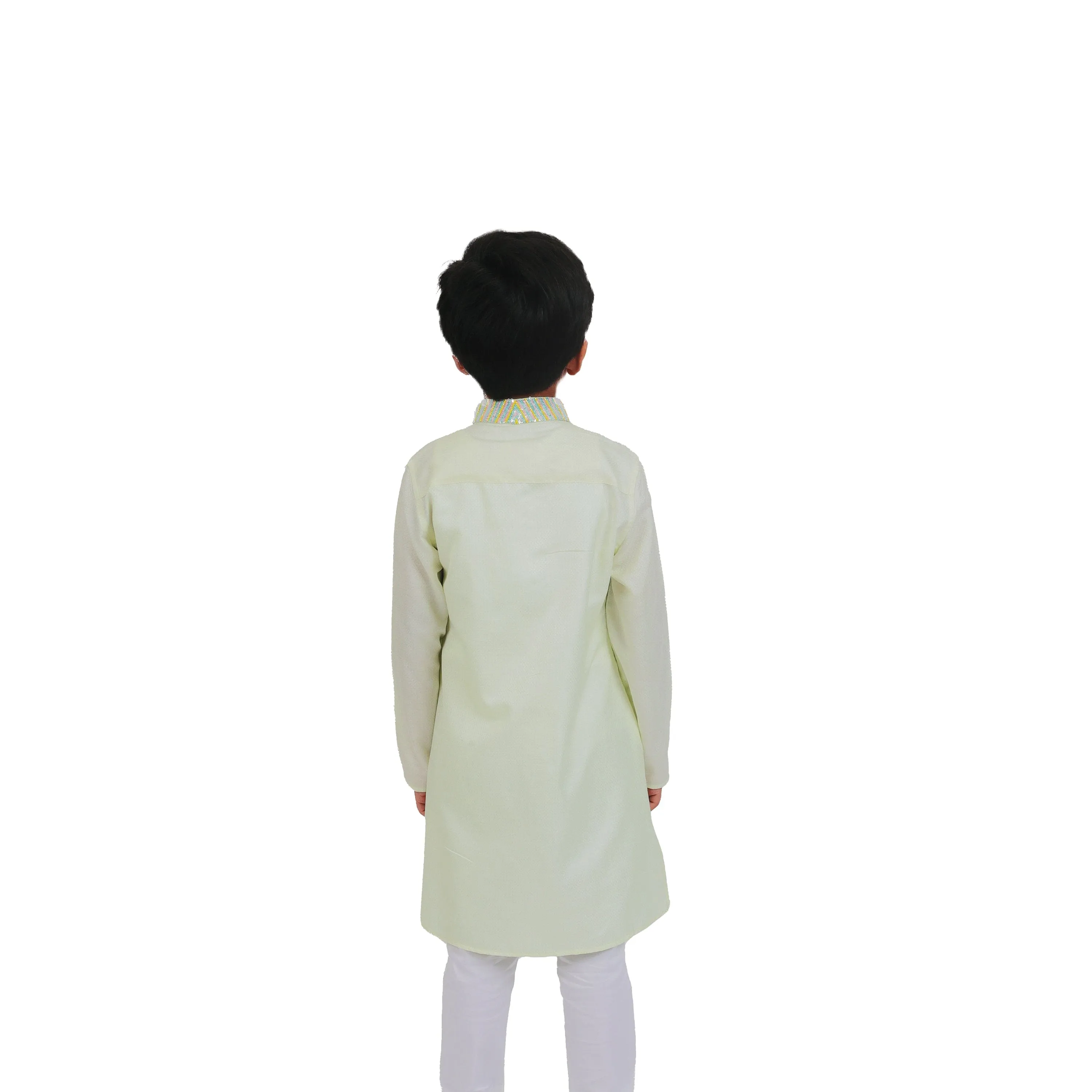 Pre-Order : LEMON YELLOW KURTA WITH COLLAR EMBROIDERY & WHITE PANTS  for Boys