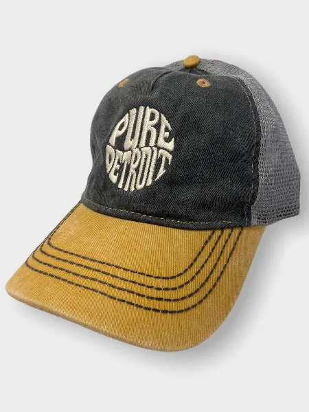 Pure Detroit Retro Trucker Adjustable Hat / Unisex/ Cream   Charcoal & Maize