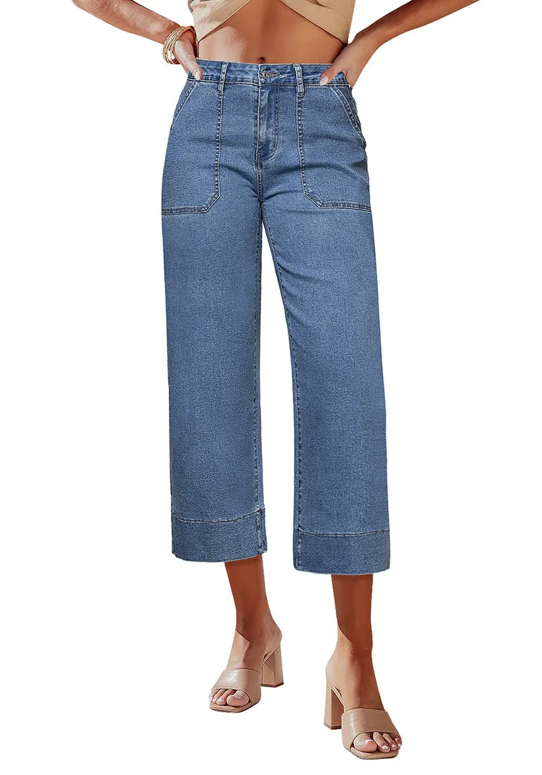 Reef Blue Women's Cropped High Rise Denim Pull On Retro Wide Leg Jeans
