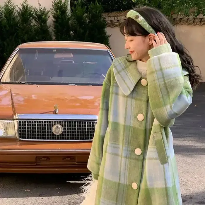 TAVIMART  -  Woolen Coat Loose Fit Plaid Green Button Design Doll Collar Big Size Long New Long Sleeve Women Fashion Tide Autumn Winter