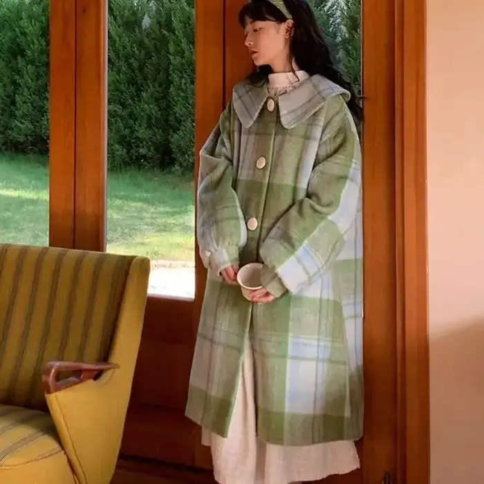 TAVIMART  -  Woolen Coat Loose Fit Plaid Green Button Design Doll Collar Big Size Long New Long Sleeve Women Fashion Tide Autumn Winter