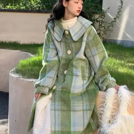 TAVIMART  -  Woolen Coat Loose Fit Plaid Green Button Design Doll Collar Big Size Long New Long Sleeve Women Fashion Tide Autumn Winter