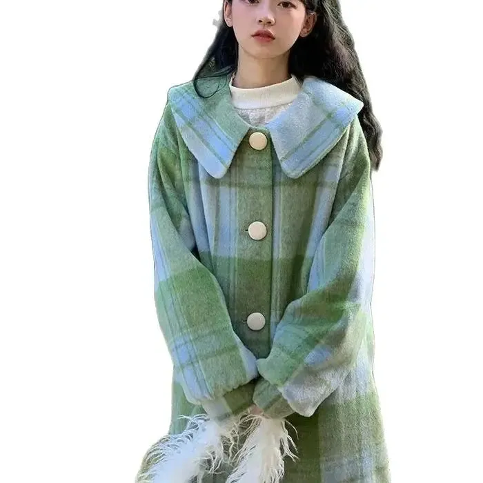 TAVIMART  -  Woolen Coat Loose Fit Plaid Green Button Design Doll Collar Big Size Long New Long Sleeve Women Fashion Tide Autumn Winter
