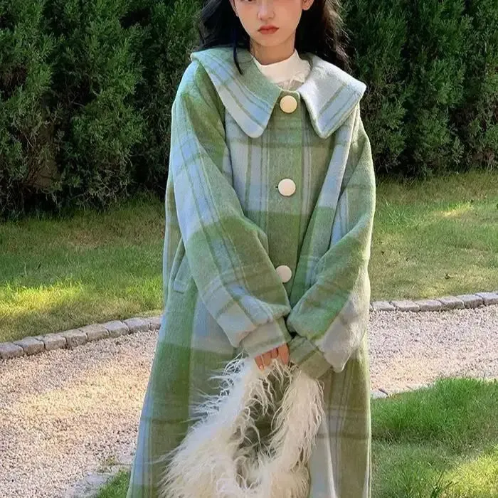 TAVIMART  -  Woolen Coat Loose Fit Plaid Green Button Design Doll Collar Big Size Long New Long Sleeve Women Fashion Tide Autumn Winter