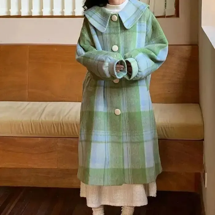 TAVIMART  -  Woolen Coat Loose Fit Plaid Green Button Design Doll Collar Big Size Long New Long Sleeve Women Fashion Tide Autumn Winter