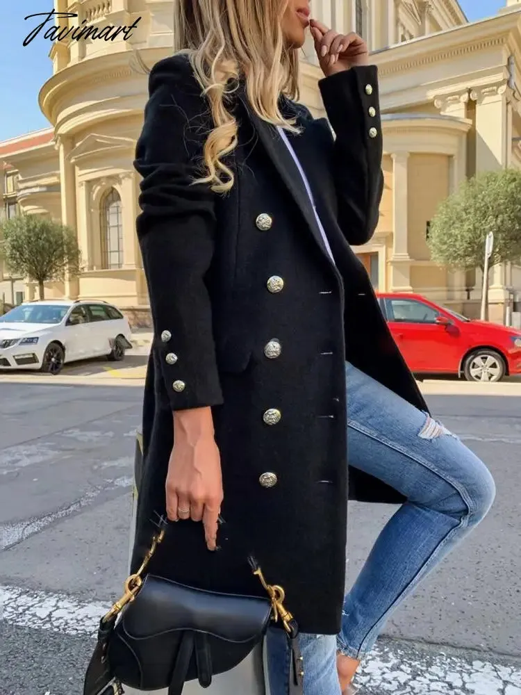 Tavimart Woolen Coat Women Spring New Fashion Long Yellow Black Suit Collar Blends Jacket Female Clothing Many Button