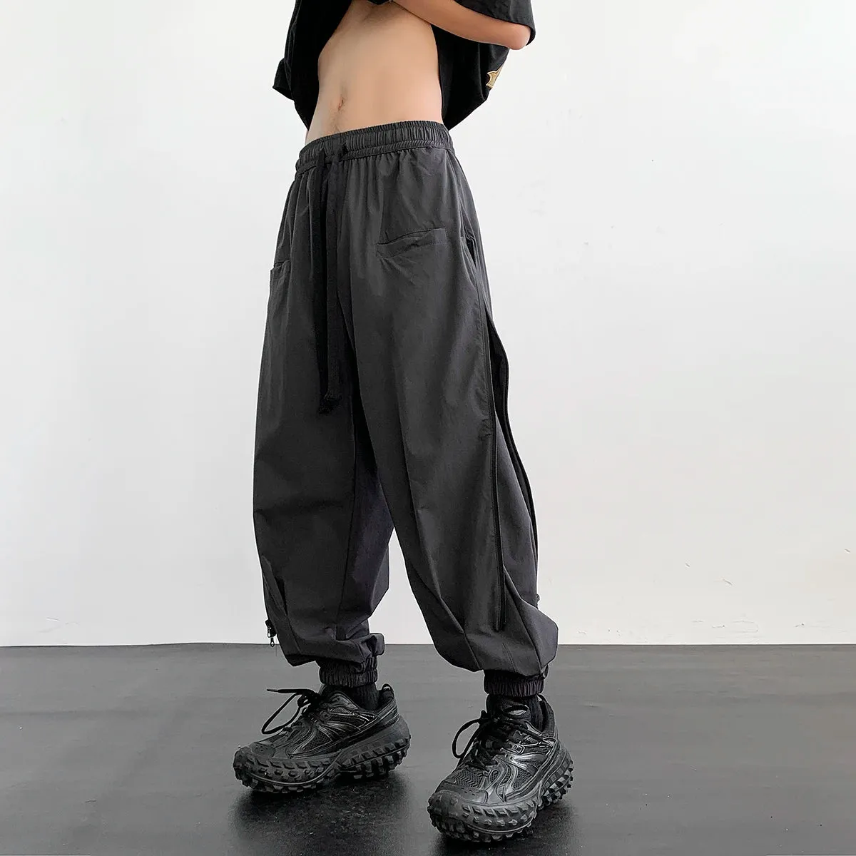 Wiaofellas  -  New Men's Fashion Harem Pants Reverse Design Baggy Tapered Trousers Black Side Zipper Stretch Oversized Hip Hop Clothing Man
