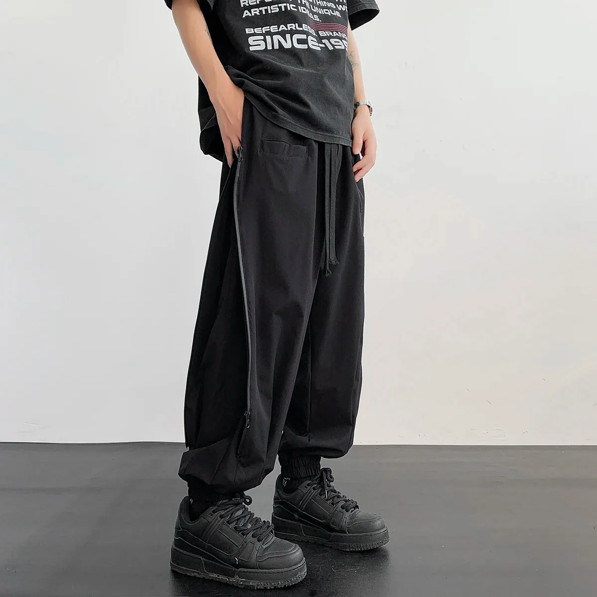 Wiaofellas  -  New Men's Fashion Harem Pants Reverse Design Baggy Tapered Trousers Black Side Zipper Stretch Oversized Hip Hop Clothing Man