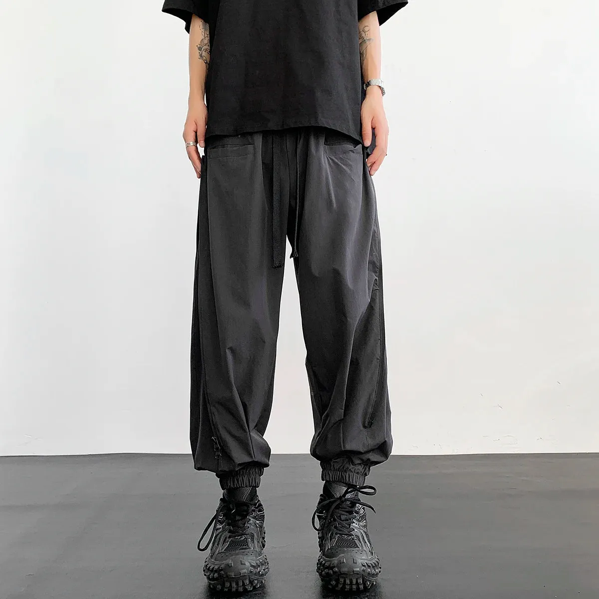 Wiaofellas  -  New Men's Fashion Harem Pants Reverse Design Baggy Tapered Trousers Black Side Zipper Stretch Oversized Hip Hop Clothing Man