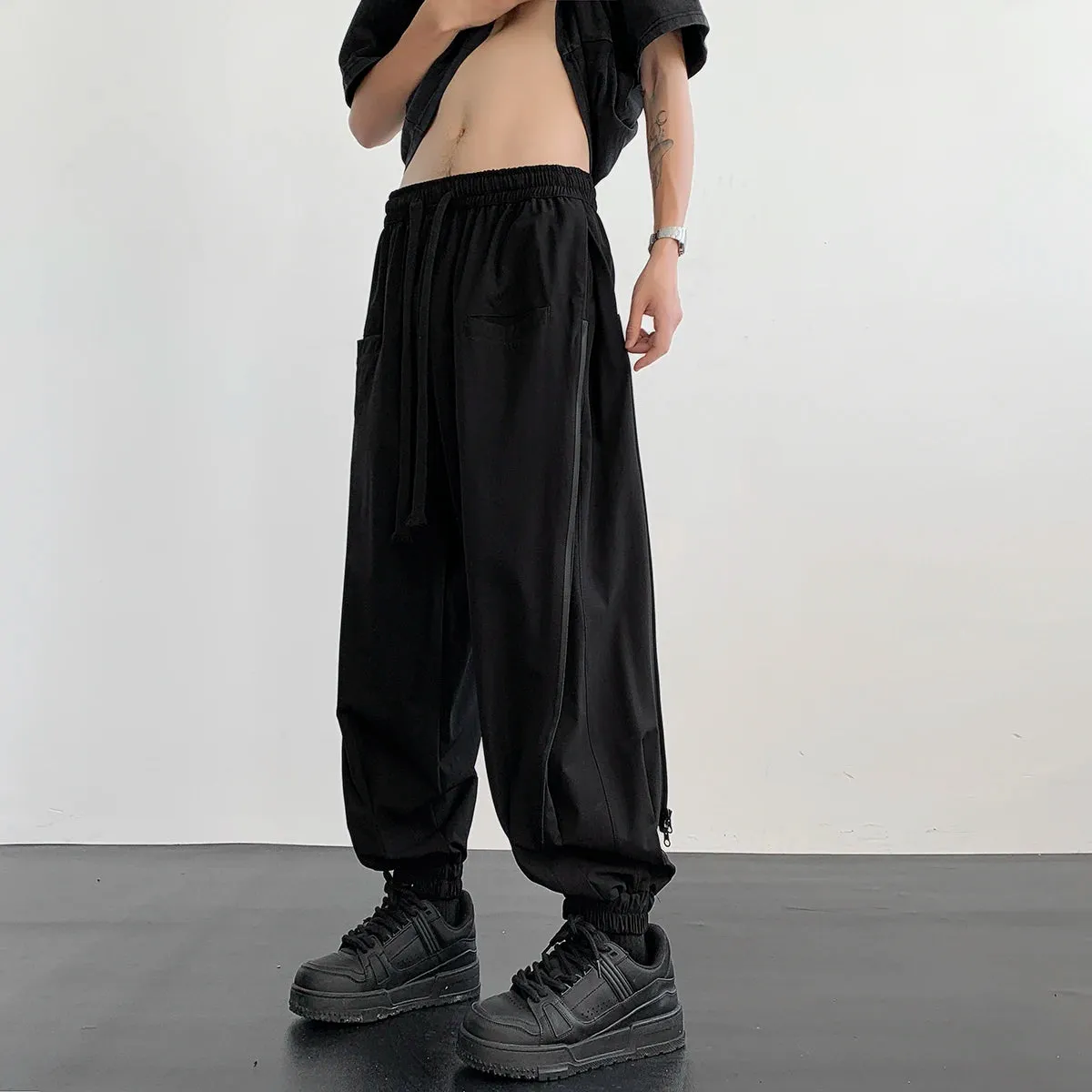 Wiaofellas  -  New Men's Fashion Harem Pants Reverse Design Baggy Tapered Trousers Black Side Zipper Stretch Oversized Hip Hop Clothing Man
