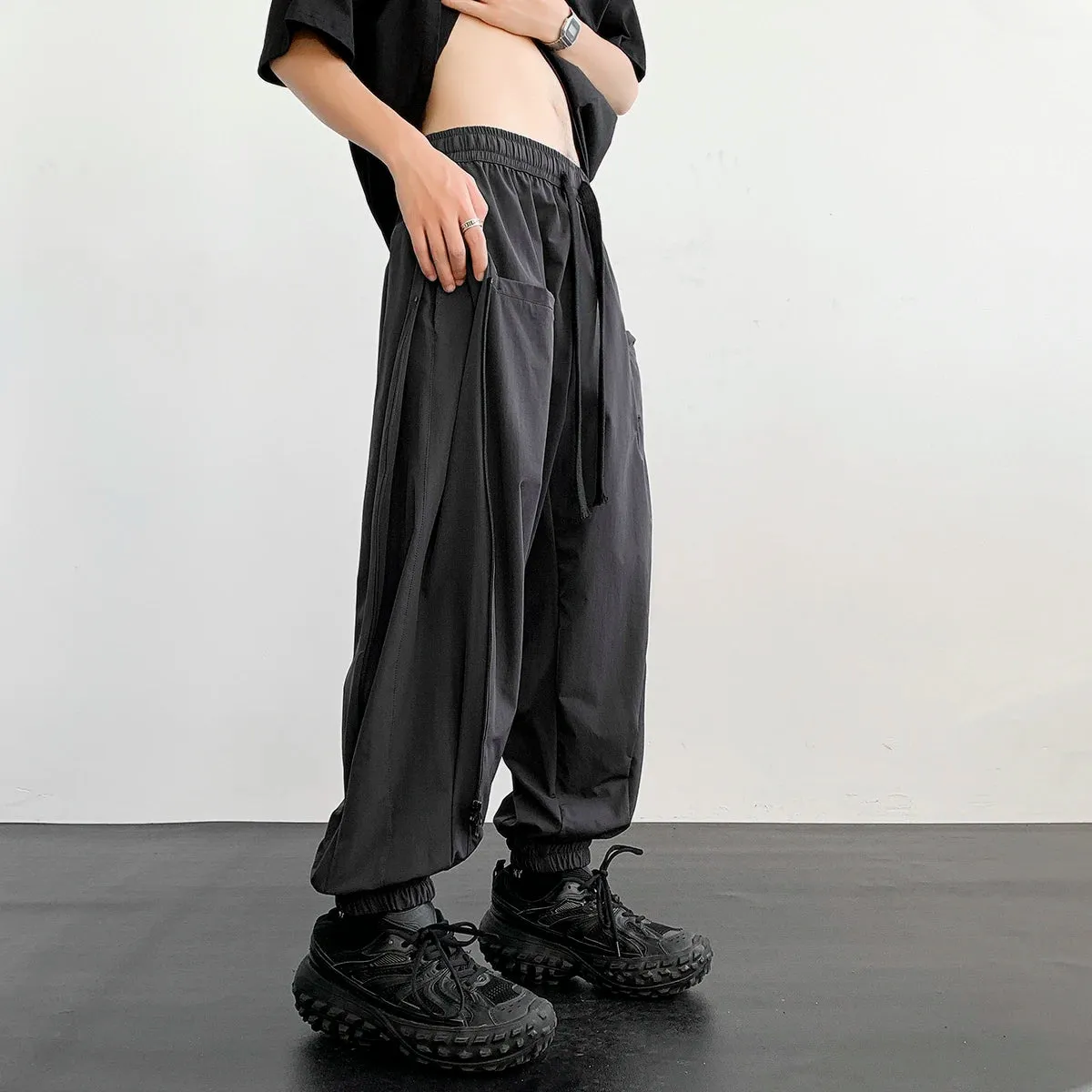 Wiaofellas  -  New Men's Fashion Harem Pants Reverse Design Baggy Tapered Trousers Black Side Zipper Stretch Oversized Hip Hop Clothing Man
