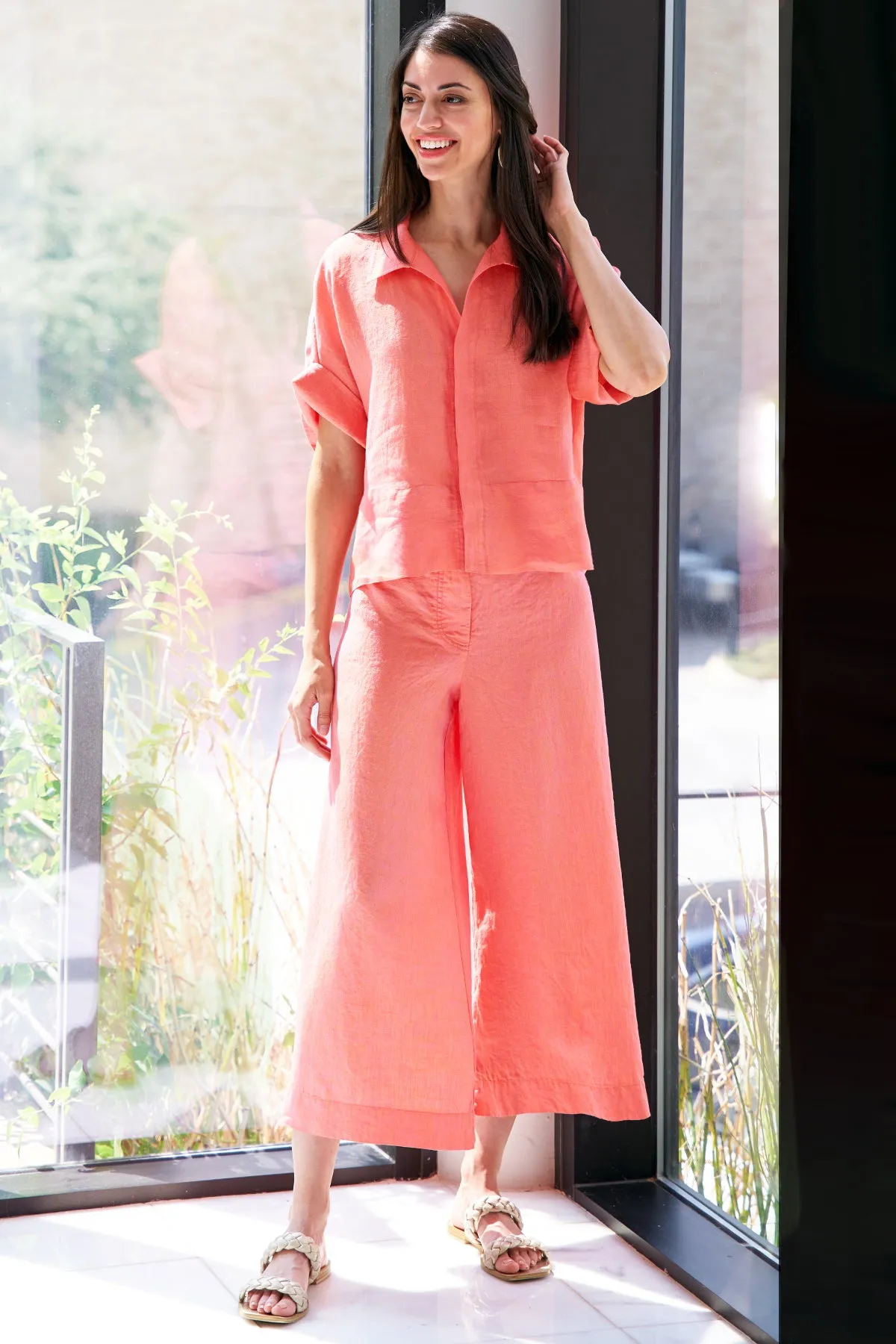 Wide Leg Washed Linen Drawstring Pants, Peony Pink
