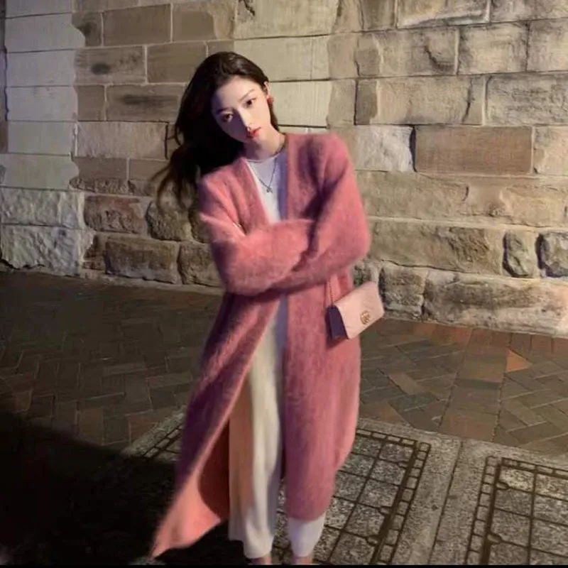 Wjczt 2024 fall fashion trends Korean Style Autumn and Winter New Style Faux Mink Velvet Sweater Women's Cardigan Outer Wear over the Knee Long Loose Overcoat Women's Coat