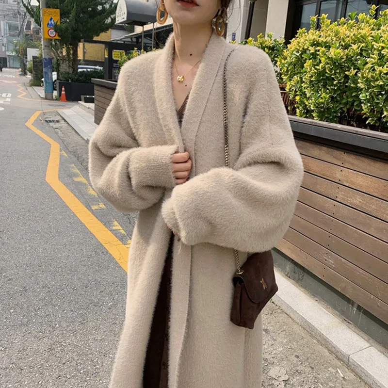 Wjczt 2024 fall fashion trends Korean Style Autumn and Winter New Style Faux Mink Velvet Sweater Women's Cardigan Outer Wear over the Knee Long Loose Overcoat Women's Coat