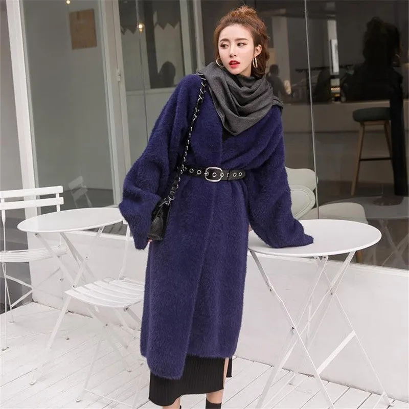 Wjczt 2024 fall fashion trends Korean Style Autumn and Winter New Style Faux Mink Velvet Sweater Women's Cardigan Outer Wear over the Knee Long Loose Overcoat Women's Coat
