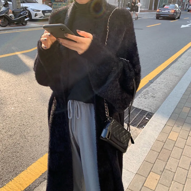 Wjczt 2024 fall fashion trends Korean Style Autumn and Winter New Style Faux Mink Velvet Sweater Women's Cardigan Outer Wear over the Knee Long Loose Overcoat Women's Coat