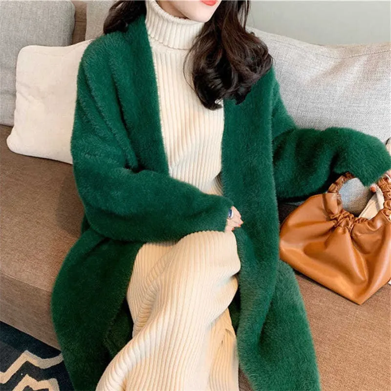Wjczt 2024 fall fashion trends Korean Style Autumn and Winter New Style Faux Mink Velvet Sweater Women's Cardigan Outer Wear over the Knee Long Loose Overcoat Women's Coat