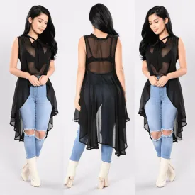 Women Sexy Transparent Fluoroscopy Sleeveless Loose Blouse