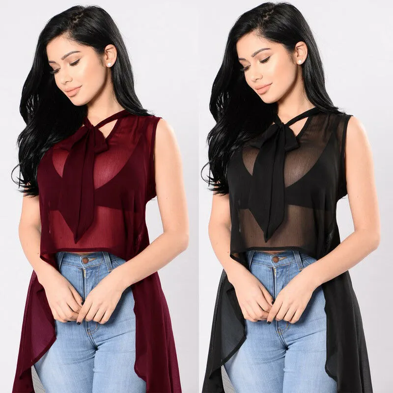 Women Sexy Transparent Fluoroscopy Sleeveless Loose Blouse