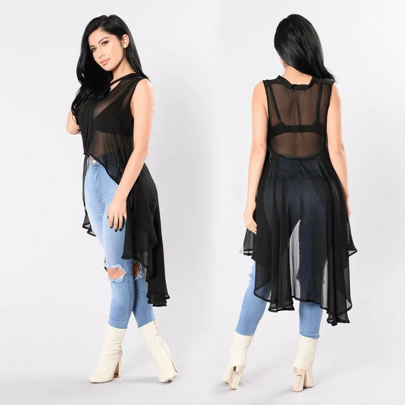 Women Sexy Transparent Fluoroscopy Sleeveless Loose Blouse