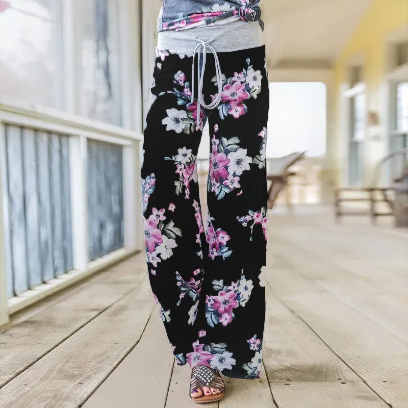 Womens Wide-Leg Palazzo-Style Vibrant Colorful Patterned Lounge Pants